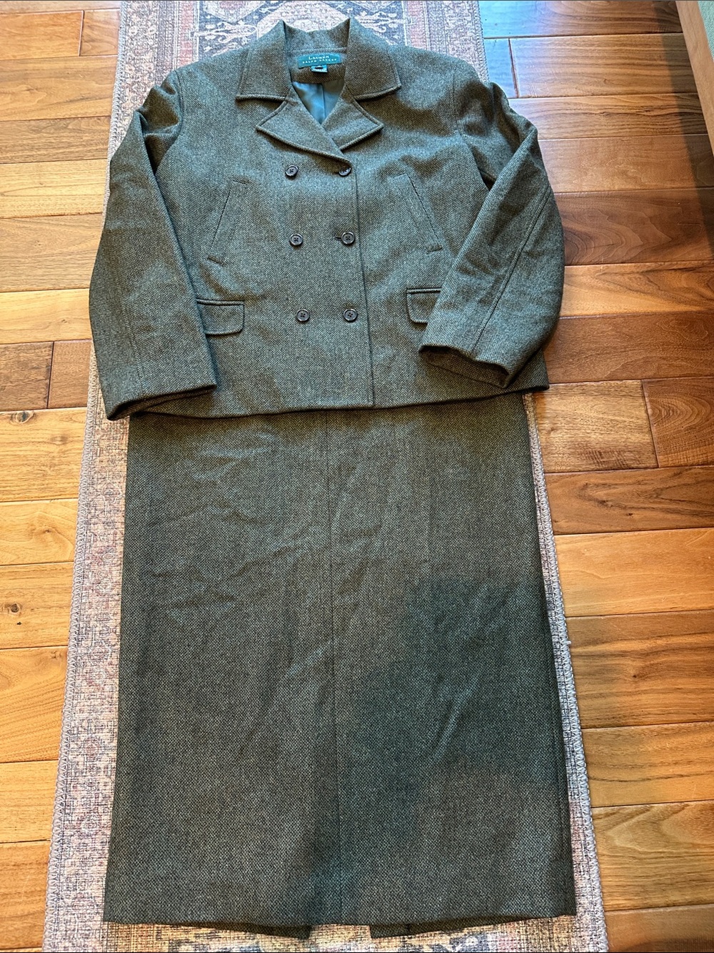 Vtg Lauren Ralph Lauren green wool tweed equestrian riding suit.